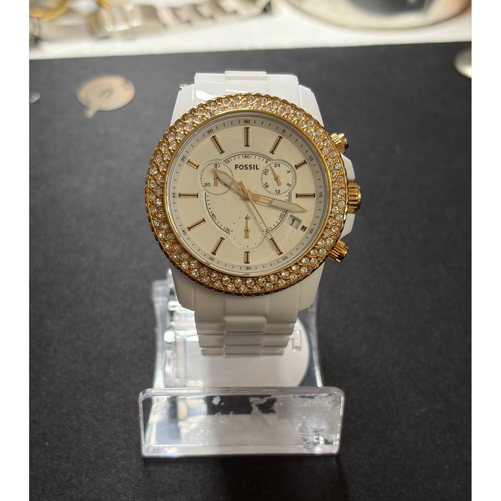 Fossilโ Chronograph Watch Womens White Gold Rhinestone CH-2716 Cecile